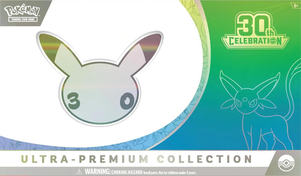 Sealed Pokémon TCG 30th Celebration Ultra-Premium Collection Day box featuring Espeon