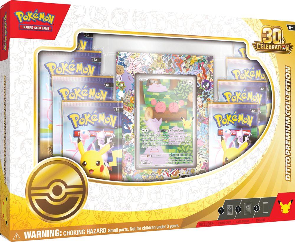 Sealed Pokémon TCG 30th Celebration Ditto Premium Collection with the Ditto promo card and eight booster packs
