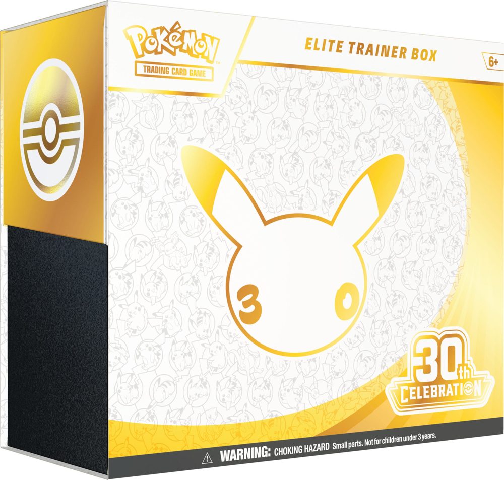 Sealed Pokémon TCG 30th Celebration Elite Trainer Box in gold and white packaging with the 30th Celebration Pikachu emblem
