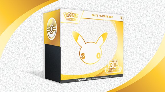 Sealed Pokémon TCG 30th Celebration Elite Trainer Box in gold and white packaging with the 30th Celebration Pikachu emblem