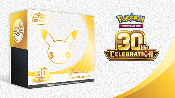 Sealed Pokémon TCG 30th Celebration Pokémon Center Elite Trainer Box beside the 30th Celebration logo
