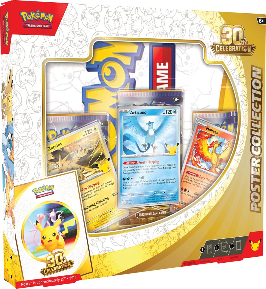 Sealed Pokémon TCG 30th Celebration Poster Collection showing the Articuno, Zapdos and Moltres promo cards and poster