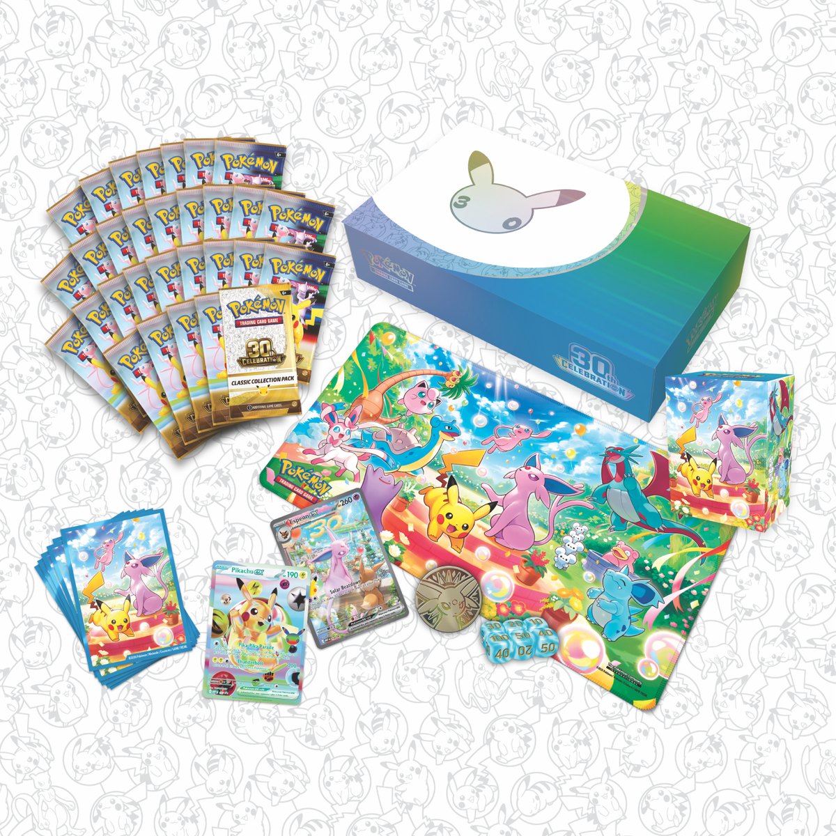 Contents of the Pokémon TCG 30th Celebration Ultra-Premium Collection Day: Espeon ex and day-themed Pikachu ex promos, playmat, deck box, sleeves, metal coin, dice and 30 booster packs