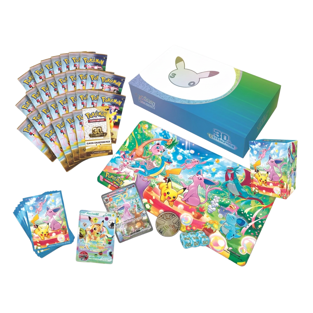 Contents of the Pokémon TCG 30th Celebration Ultra-Premium Collection Day: Espeon ex and day-themed Pikachu ex promos, playmat, deck box, sleeves, metal coin, dice and 30 booster packs