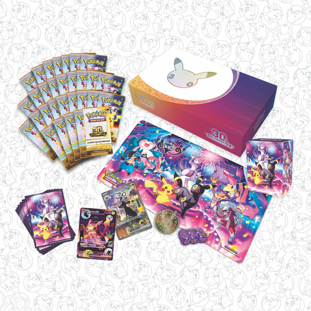 Contents of the Pokémon TCG 30th Celebration Ultra-Premium Collection Night: Umbreon ex and night-themed Pikachu ex promos, playmat, deck box, sleeves, metal coin, dice and 30 booster packs
